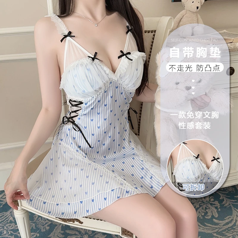 DW-【海盐水】蕾丝镂空连体网红清新元气柔和薄款印花时髦小众睡裙