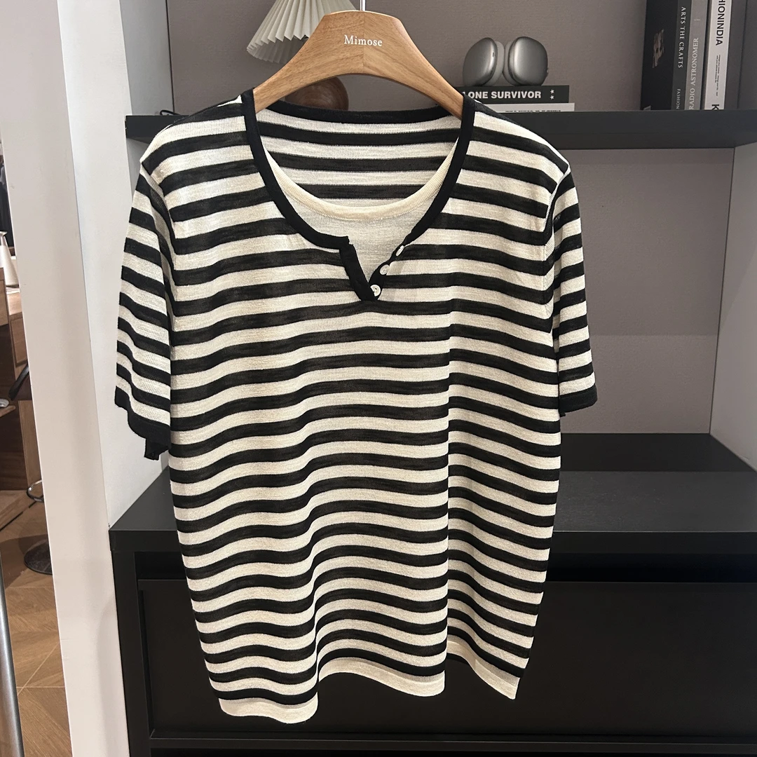 夏季新款韩系v领条纹针织短袖假两件百搭短袖上衣（衣长63胸围108）