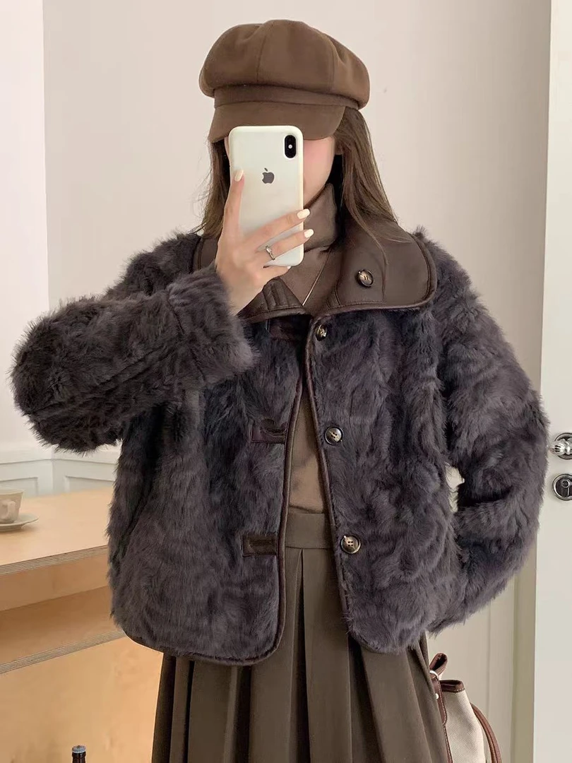 海宁新款皮毛一体女冬高级双面穿短款翻领外套