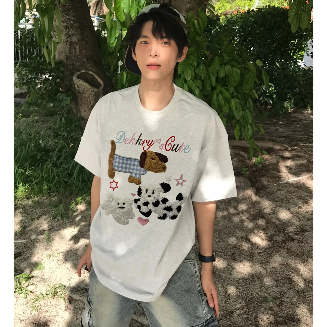 100%纯棉美式趣味仿刺绣小狗印花短袖T恤夏季男女休闲情侣款上衣