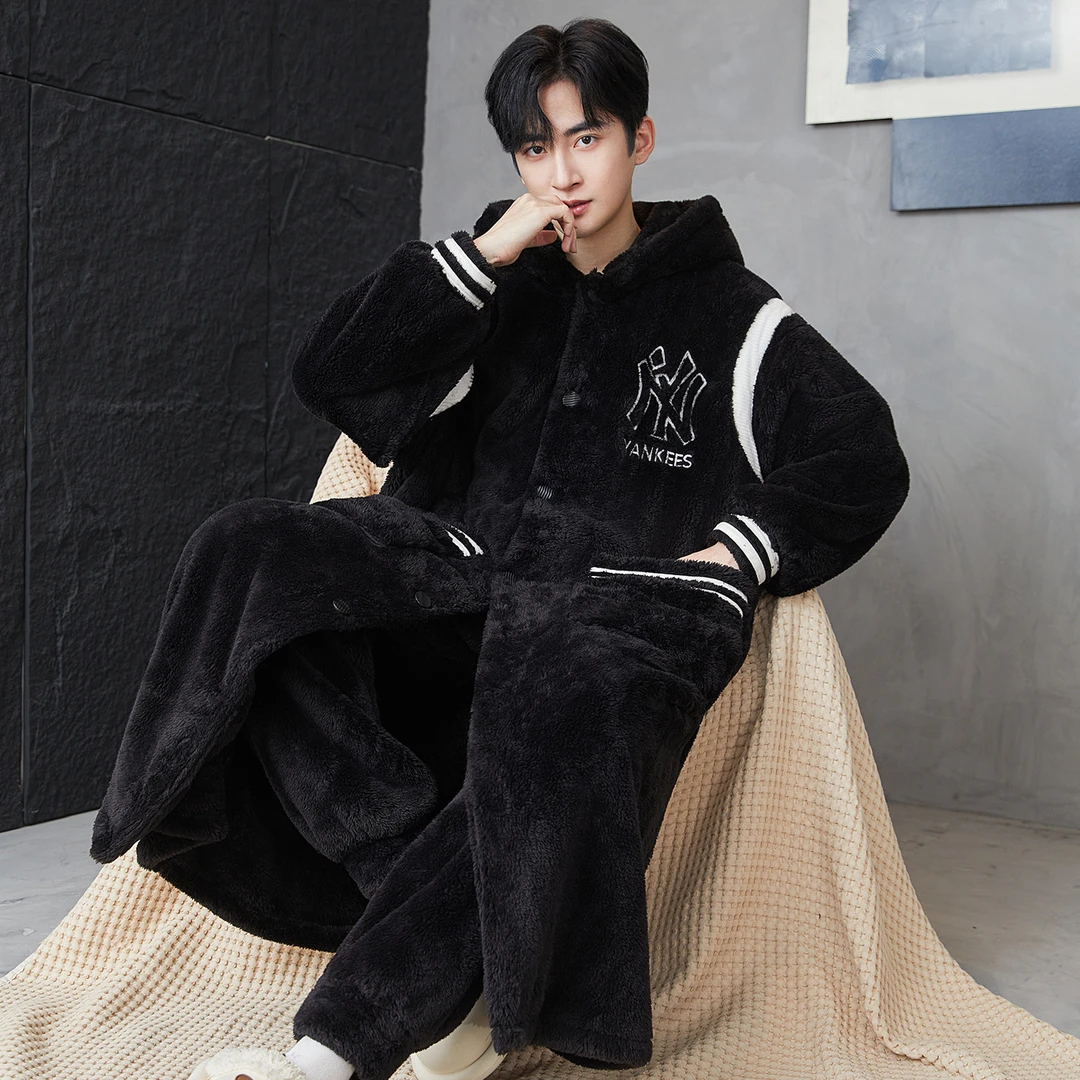 秋冬季睡衣男珊瑚绒法兰绒2025年新款加厚加绒保暖睡袍家居服套装