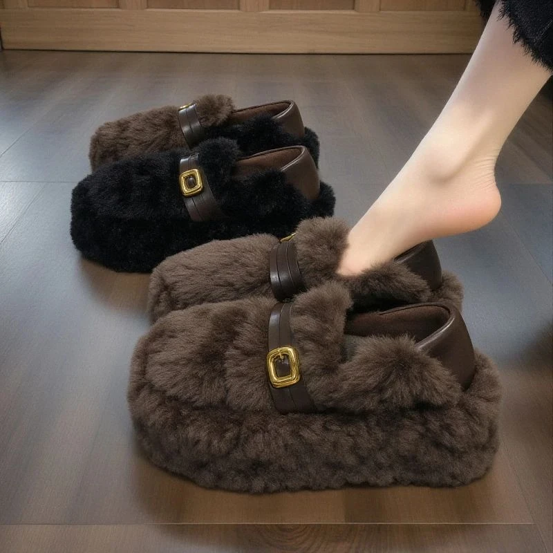 元族【羊羔绒】毛毛鞋女2025新款冬季皮带扣厚底加绒保暖孕妇豆豆