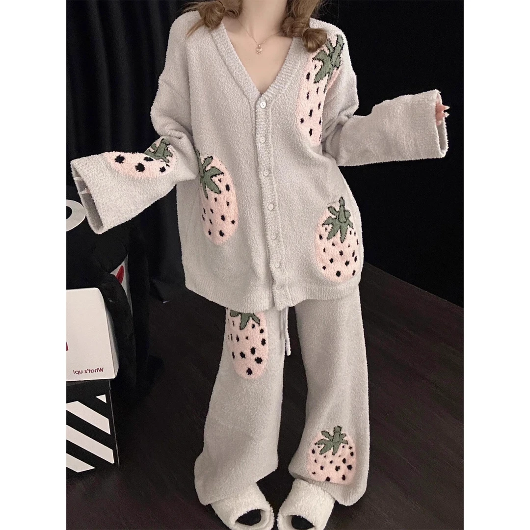 可爱卡通草莓印花睡衣女秋冬新款半边绒长袖长裤家居服套装可外穿