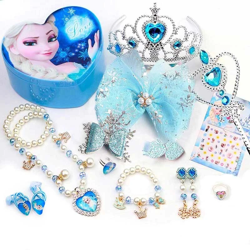 冰雪奇缘艾莎公主项链配饰高端生日礼物宝宝饰品环戒蝴蝶发夹套装