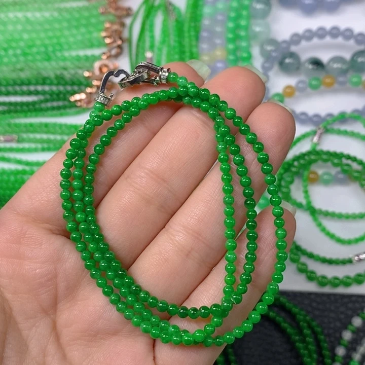 颈饰未镶嵌翡翠缅甸天然翡翠冰种浓阳绿小米珠项链3.3
