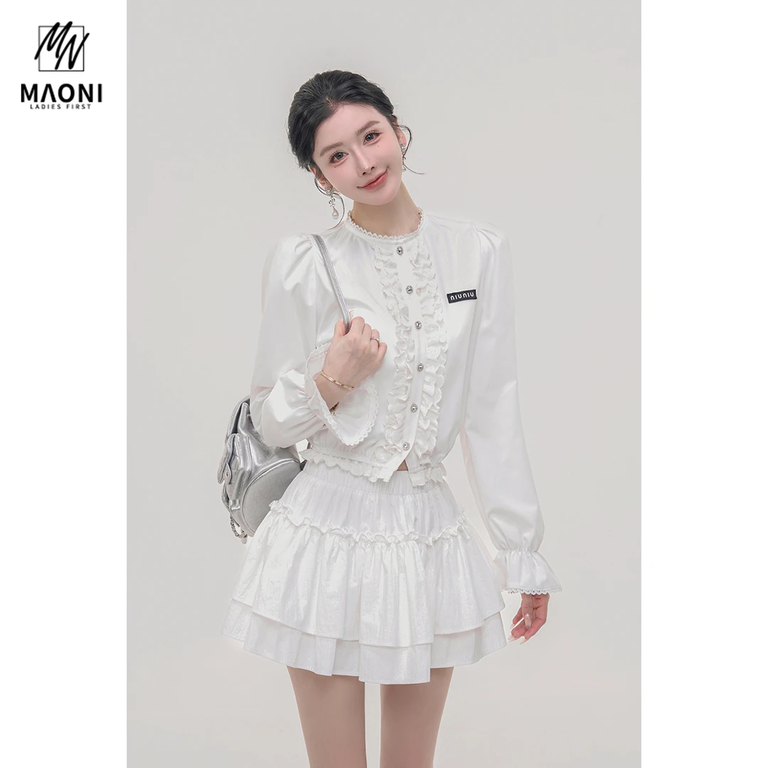 毛妮LADIESFIRST【柔金梦影】甜美木耳边衬衫早秋喇叭袖短款L2108