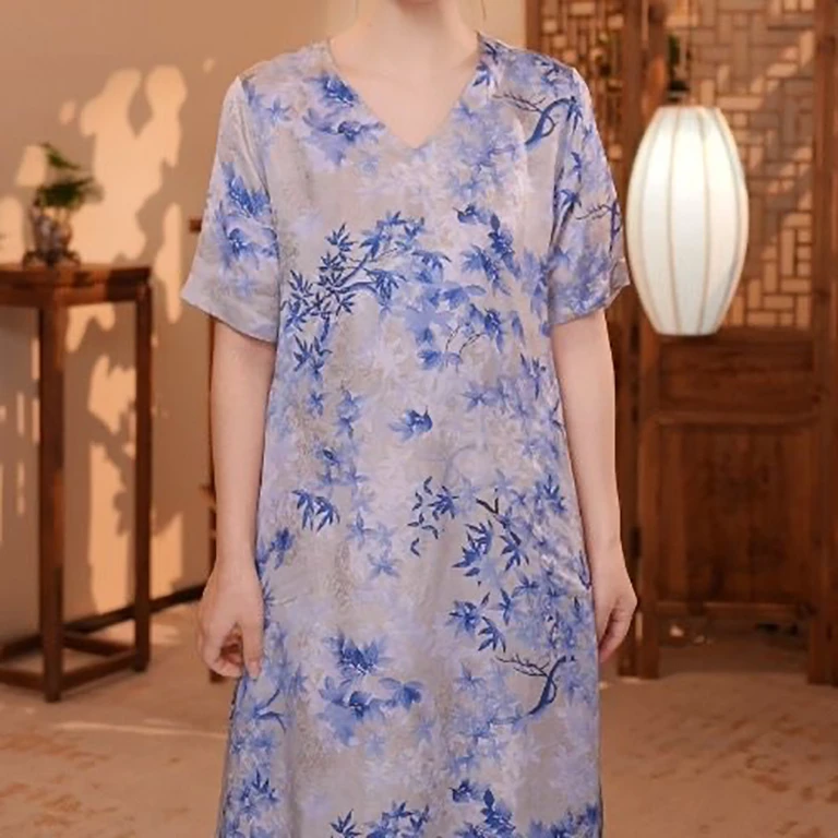 【斐锦】高端中式印花薄款短袖连衣裙6769