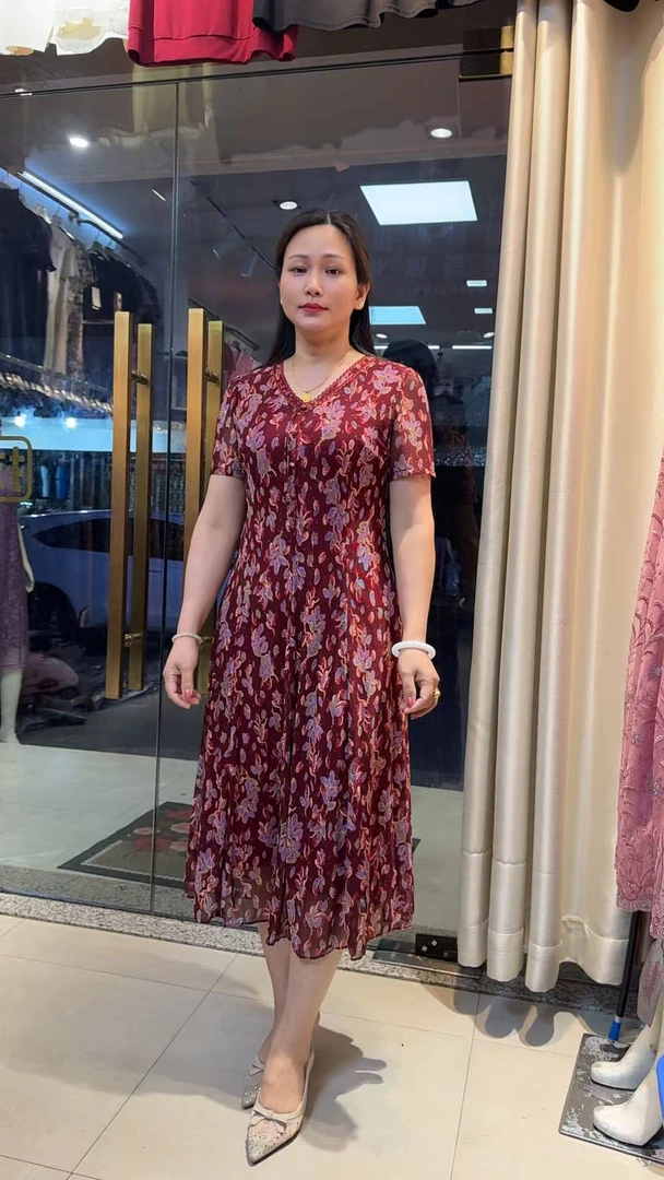 夏季短袖高腰显瘦中长款台湾纱碎花连衣裙妈妈装