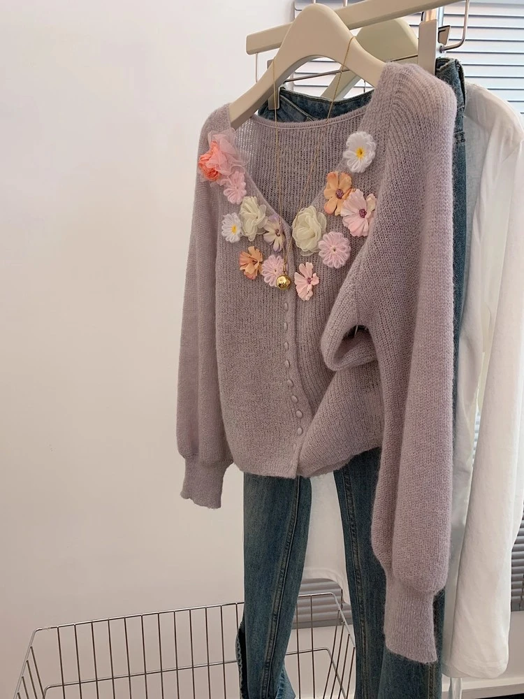 小香风紫色v领针织开衫毛衣外套薄款女士上衣韩系氛围感早秋穿搭