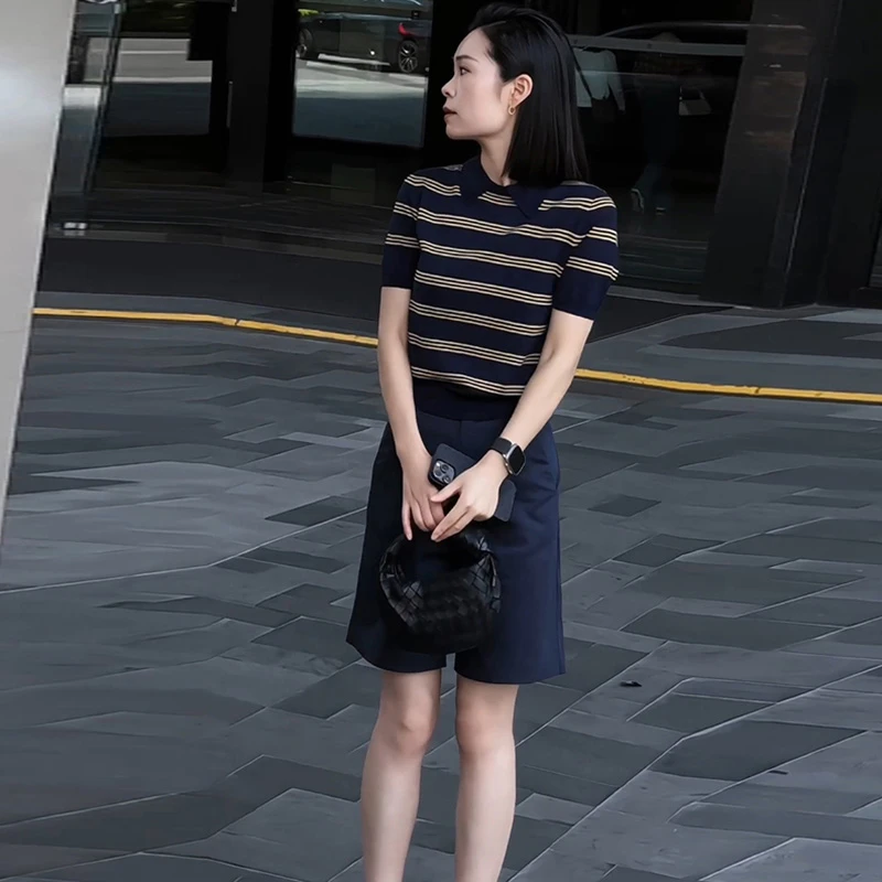 小个子韩系减龄洋气套装夏季新款针织短袖上衣高腰短裤显瘦两件套