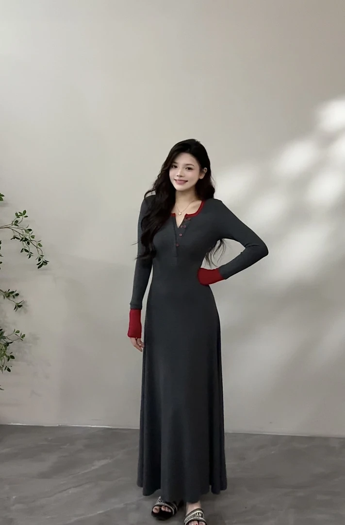 【苏苏】 早秋新款收腰裙子显瘦时尚拼接撞色气质长款连衣裙DT1586