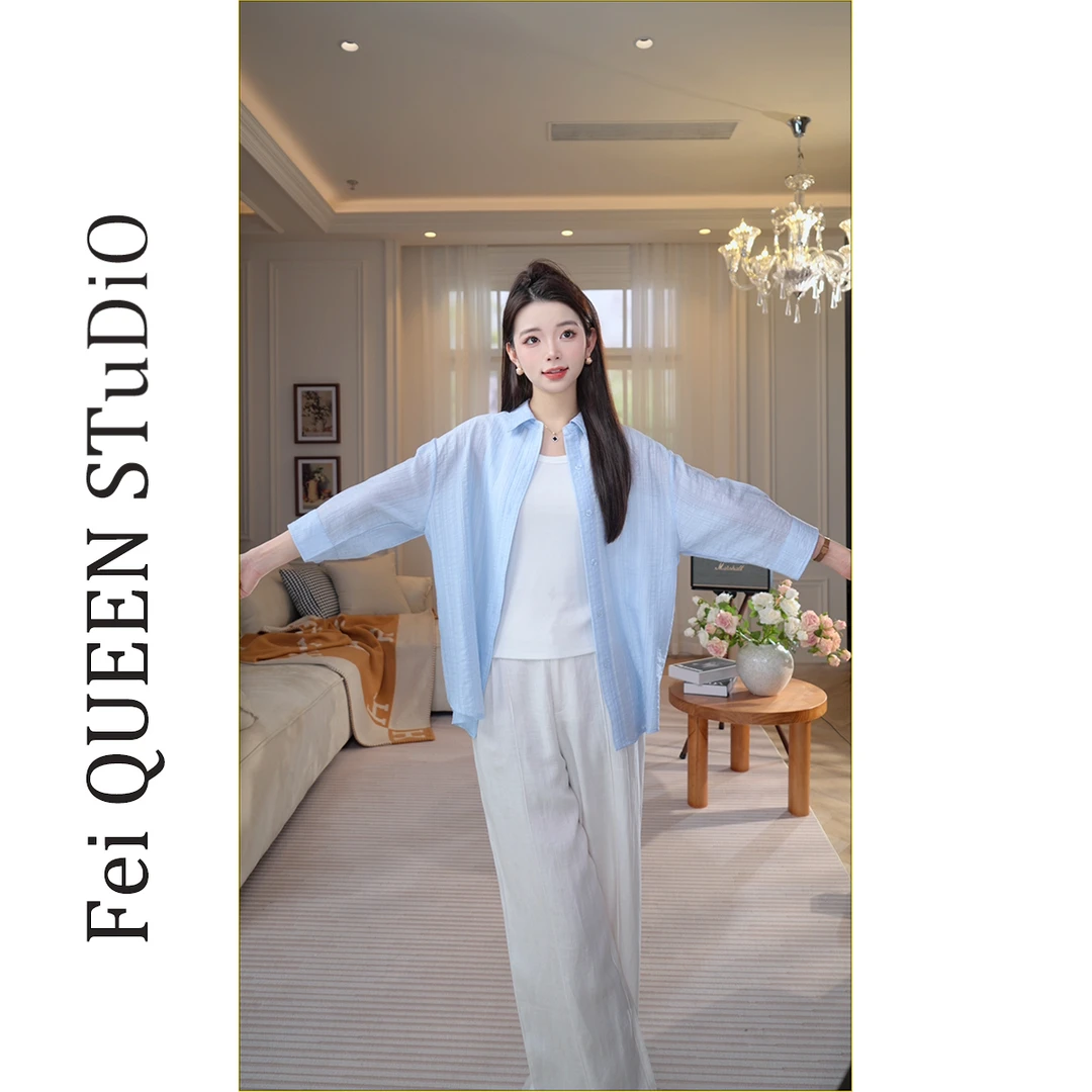 莱塞尔防晒衬衫夏季时尚慵懒风通勤风刺绣衬衣七分袖SY0A508-Y