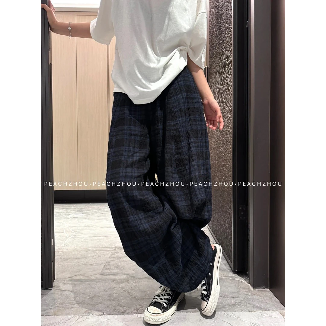 复古英伦撞色格纹宽松系扣休闲裤松紧腰阔腿弯刀长裤夏季新款百搭