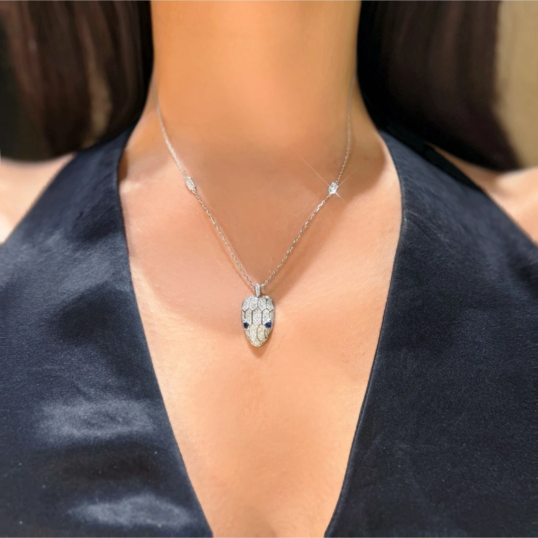 QANNA【蓝色蛇头】【满钻灵蛇】欧美风奢华轻奢豪华天然钻石项链AY