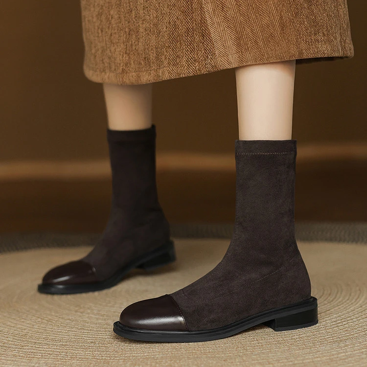 外贸学生鞋秋短靴冬棕色小皮靴粗跟低跟弹力瘦瘦靴短筒女大码靴HX