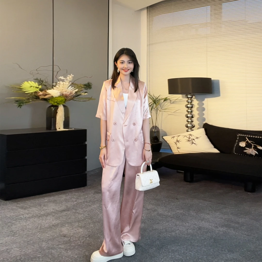 100醋酸短袖夏季显瘦冰凉西装套装薄款亲肤肌理感纹理感2519