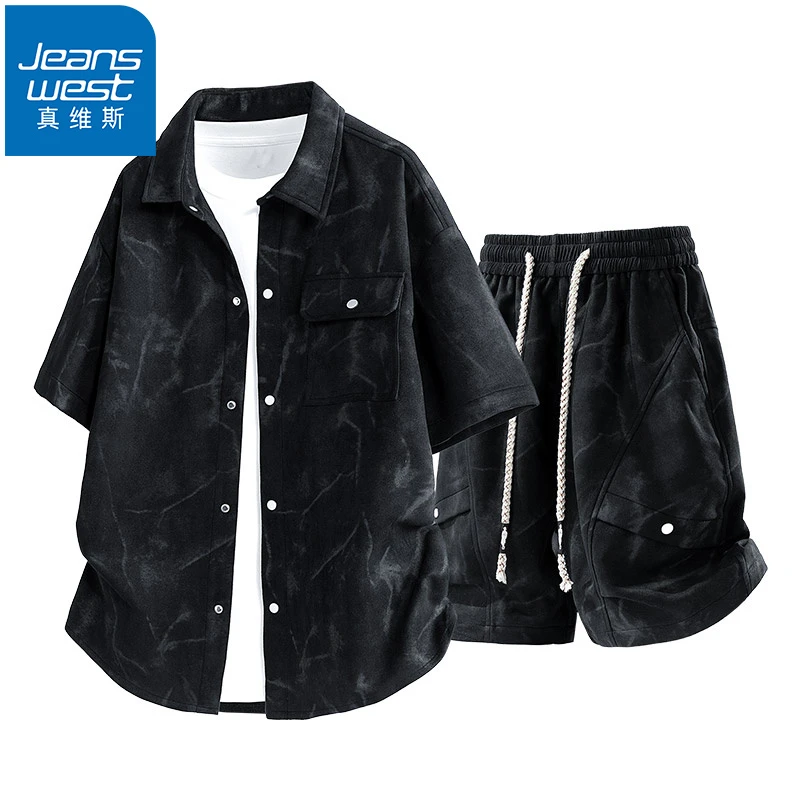 Jeanswest/真维斯扎染休闲运动套装男夏季薄款短袖衬衫透气五分裤