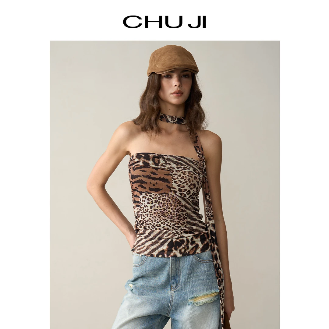 Chuji/出迹酷飒美拉德飘带挂脖豹纹裹胸上衣辣妹外穿抹胸E1Z2226T