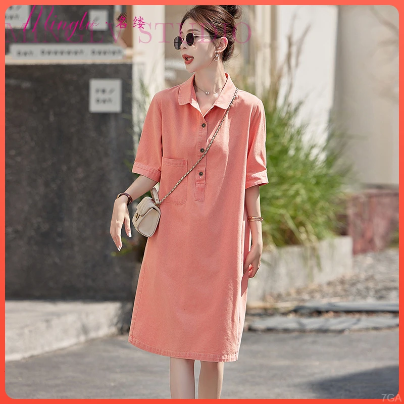 新款2025系粉色韩休闲宽松工装连衣裙polo领T恤裙裙子女夏季牛仔