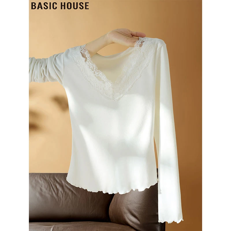 Basic House/百家好白色V领蕾丝打底衫修身内搭长袖T恤女2025秋季