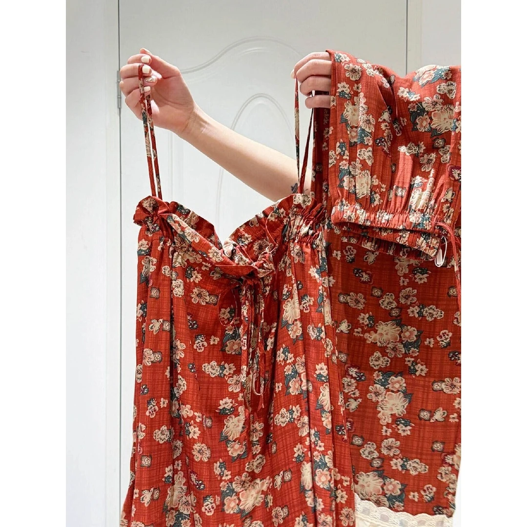 新中式显白复古红色吊带睡衣女夏季新款大码蕾丝边碎花家居服套装