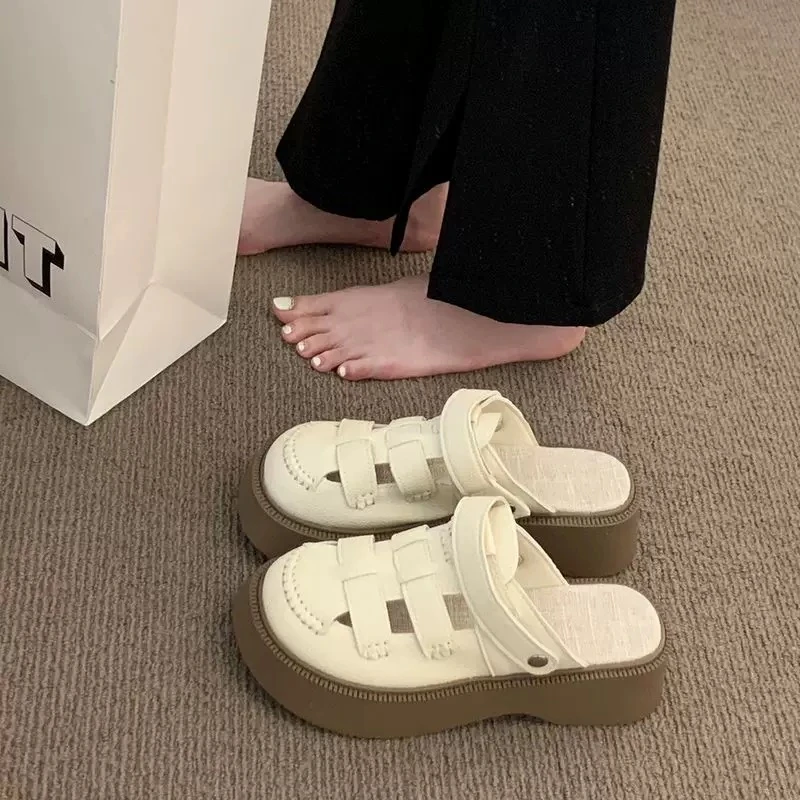 福福两穿镂空包头凉鞋女2025夏季新款森系罗马鞋厚底拖鞋女外穿