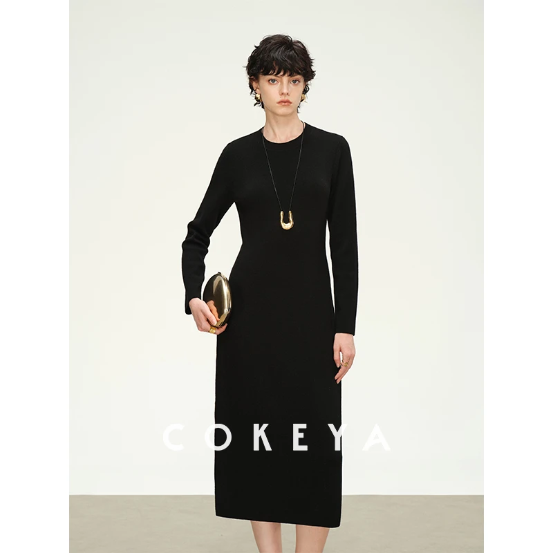 COKEYA/港岛日落~美利奴羊毛长袖圆领无袖收腰针织法式连衣裙女秋