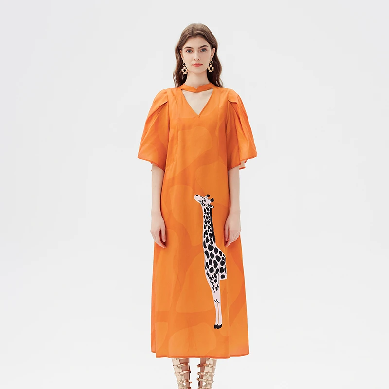 tanni25春新款斑驳鹿影印花V领泡泡袖宽松长款连衣裙TO11DR018A