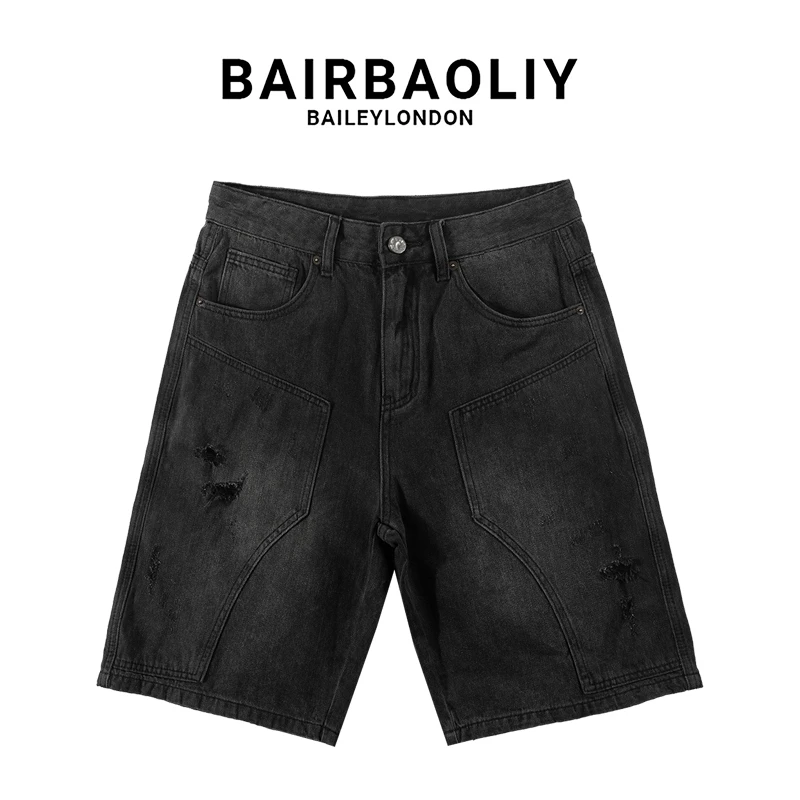 BAIRBAOLIY黑色牛仔短裤破洞百搭时尚潮流设计感新款简约五分裤
