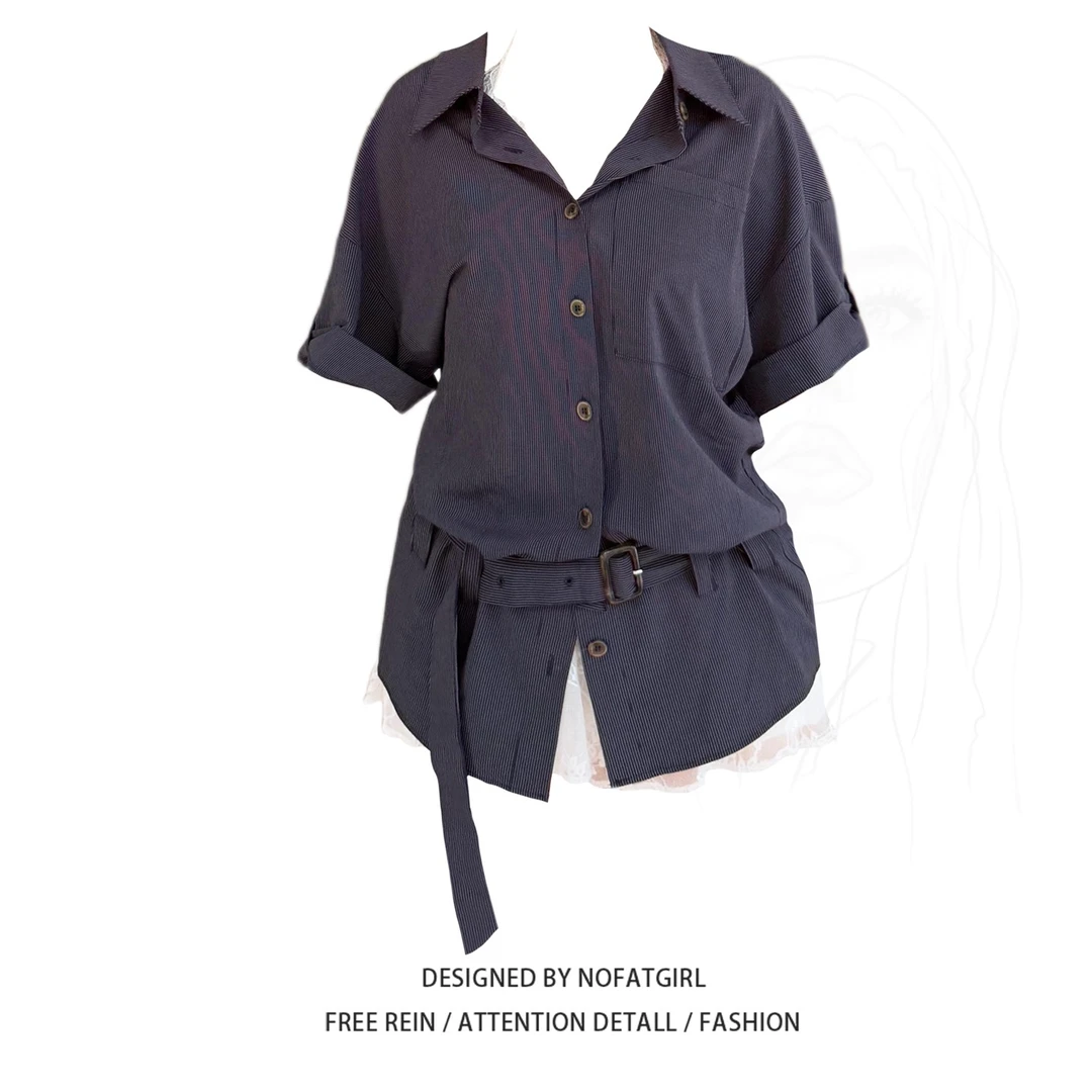 大码胖妹妹法式设计感polo领衬衫女夏季新款收腰显瘦时尚减龄上衣