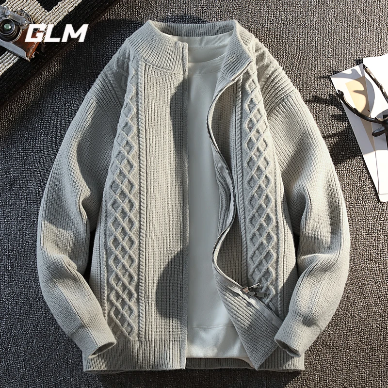 GLM针织开衫男春秋季2025新款立领拉链外套纯色提花慵懒风毛衣