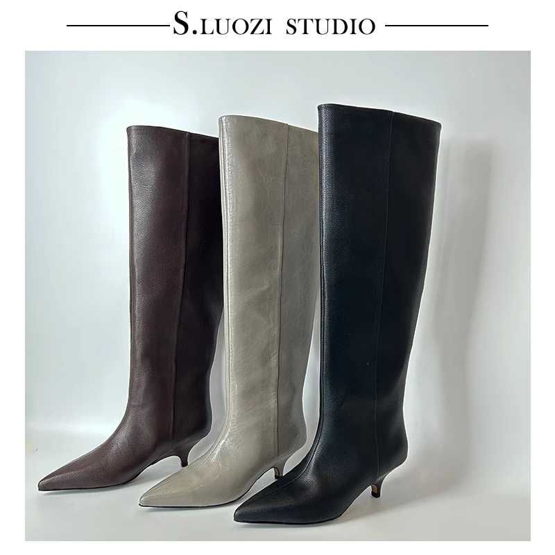 诗罗姿2024冬尖头时尚小猫跟及膝靴显瘦真皮气质百搭长筒靴女细跟