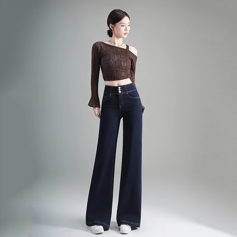 悉妍 原创秋季新品丹宁原色三粒扣高腰筒叭牛仔女裤时尚气质8866