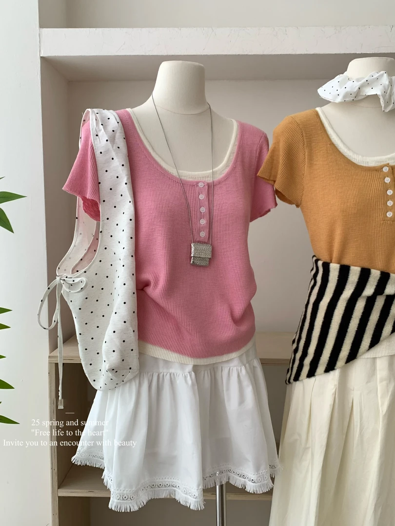 FY新品 假两件套头设计感拼色收腰修身上衣短袖针织衫