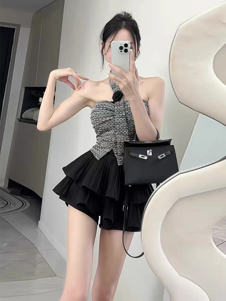 设计感百搭高腰双层百褶蛋糕半身裙裤显瘦半身裙气质时尚夏季复古