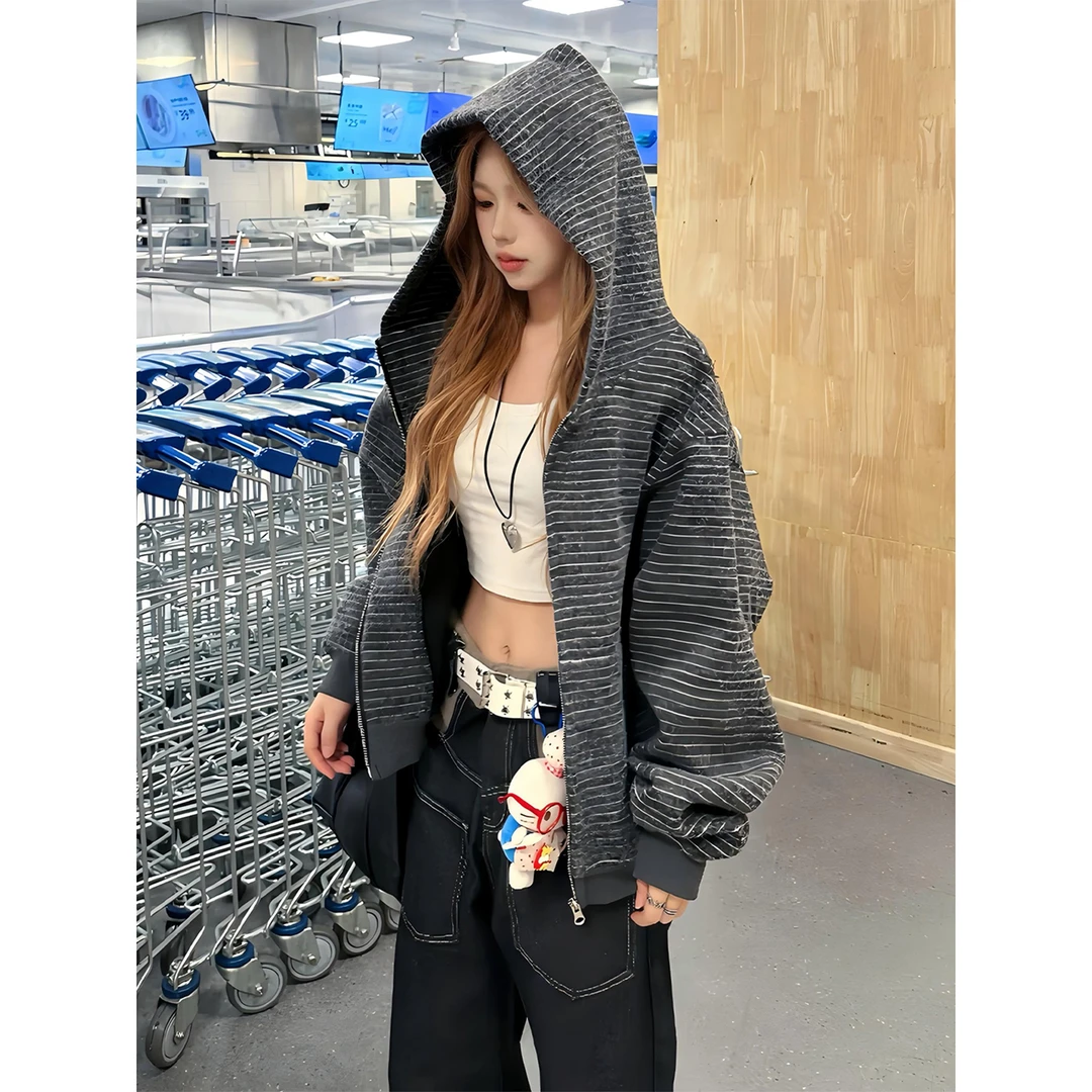 美式复古条纹拉链开衫卫衣男春秋cleanfit潮牌高级感情侣连帽外套