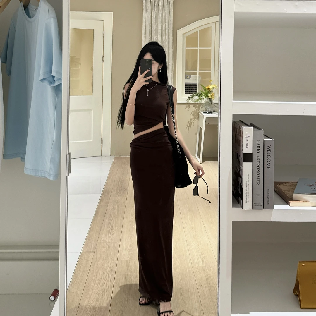 TITI 法式修身显瘦两件套女不规则无袖背心上衣包臀半身直筒裙