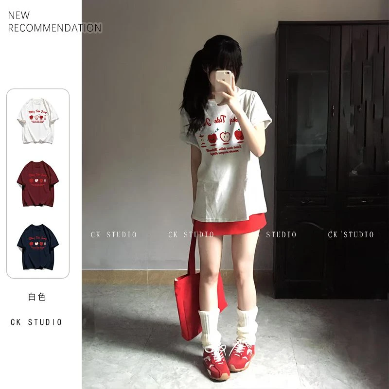 2025春季甜美风韩版圆领短袖慵懒感趣味苹果百搭纯棉T恤#T016738