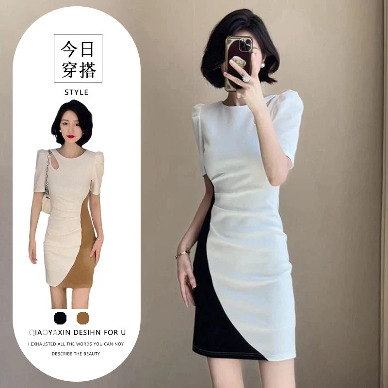 高端轻奢风性感镂空包臀连衣裙女夏季爆款拼色正肩显瘦大码裙子