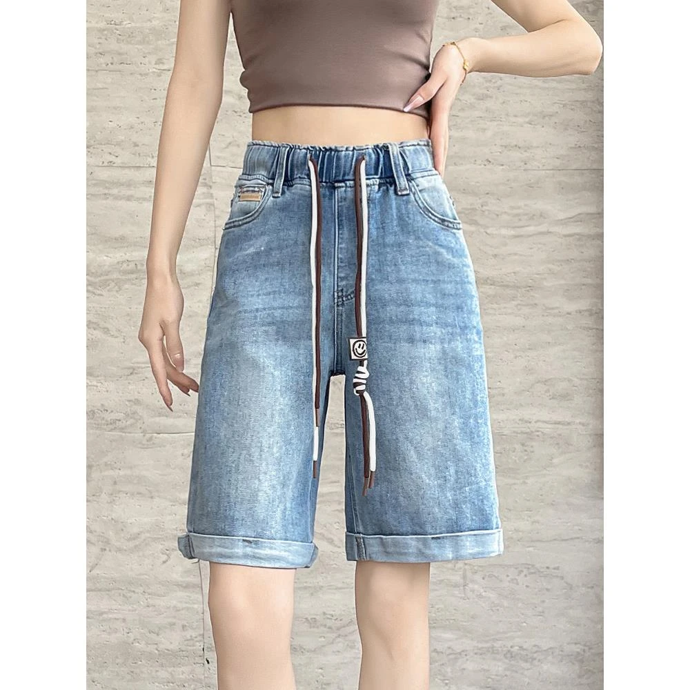 松紧腰牛仔短裤女夏季2025年新款薄款小个子高腰宽松直筒五分裤子