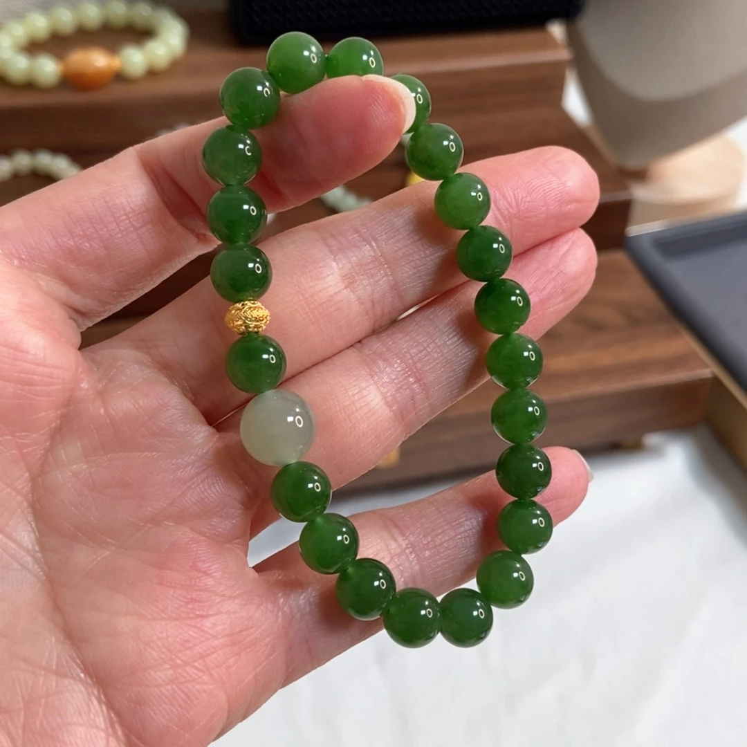 和田玉手链18K金镶嵌8mm碧玉精品