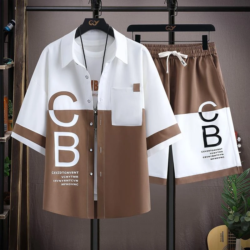 夏季套装男冰丝凉感宽松短袖短裤两件套青少年帅气百搭衬衫一整套