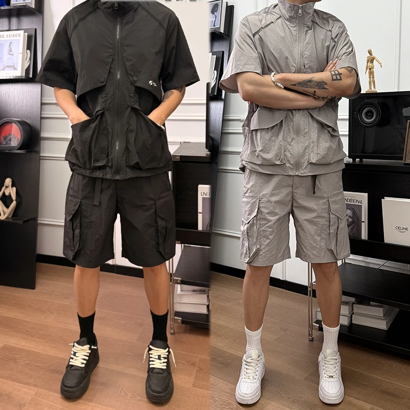 夏季薄款速干透气休闲两件套韩版潮流宽松工装短裤机能风运动套装