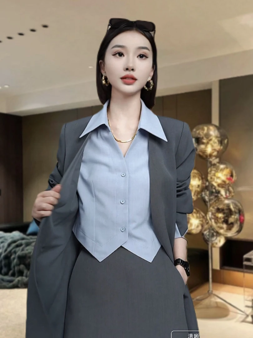 2025春季新款韩版时尚气质假两件西装外套半裙女装盐系轻熟一整套