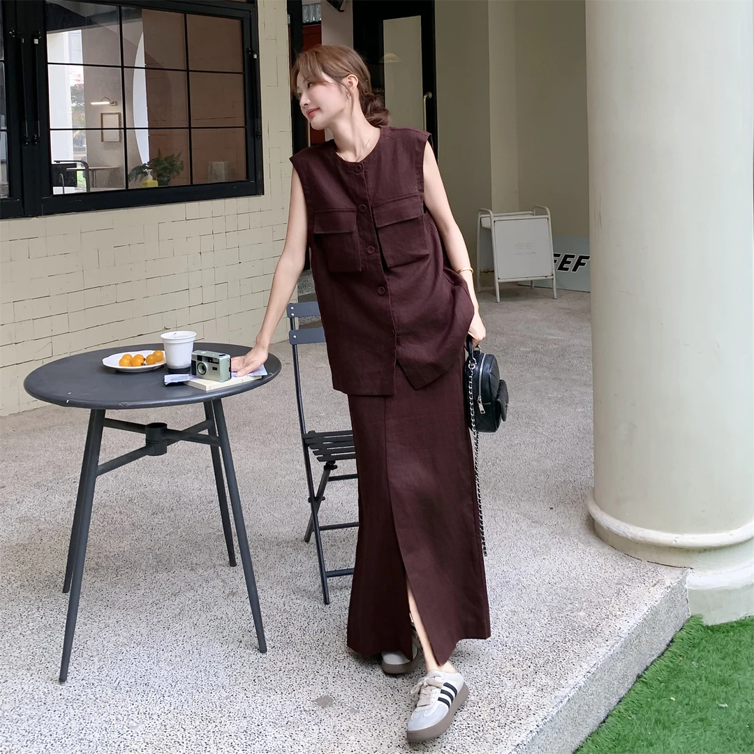 复古工装风宽松无袖开衫马甲半裙两件套夏季新款韩系文艺时尚套装