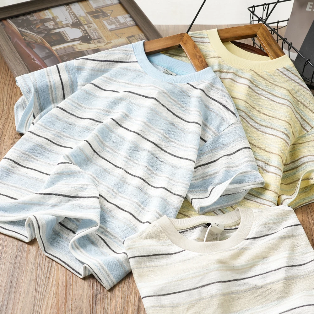 简约儿童夏季款条纹透气短袖T恤男童中大童圆领半袖MT25073