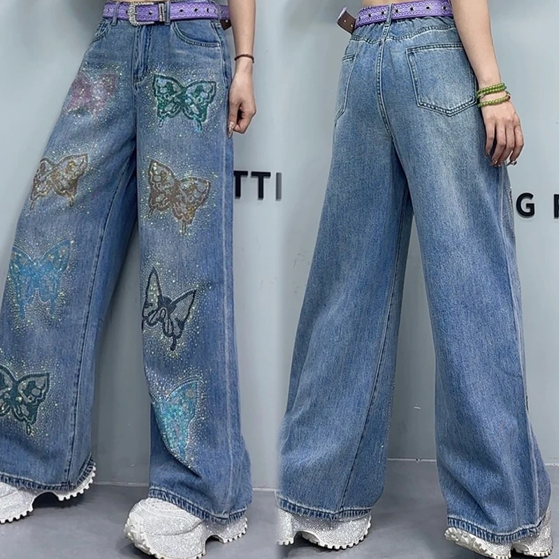 原创设计蝴蝶刺绣阔腿牛仔裤女2025年新款小众设计直筒拖地裤-799