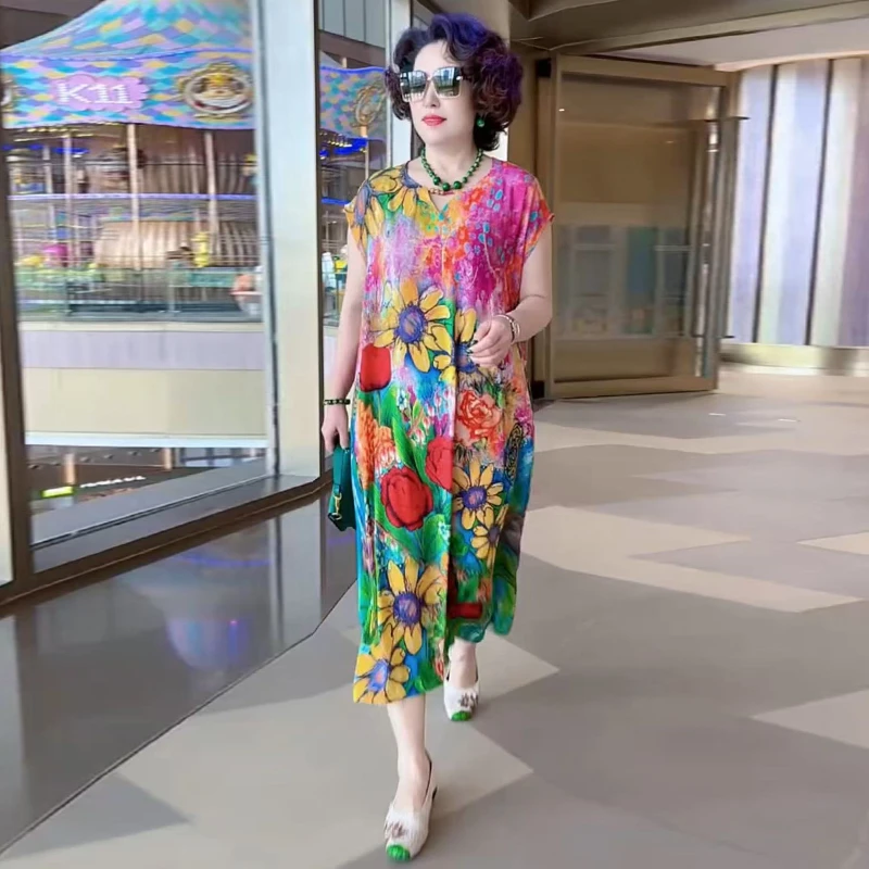 度假风沙滩裙夏季新款宽松休闲双绉连衣裙轻奢洋气减龄妈妈花裙子