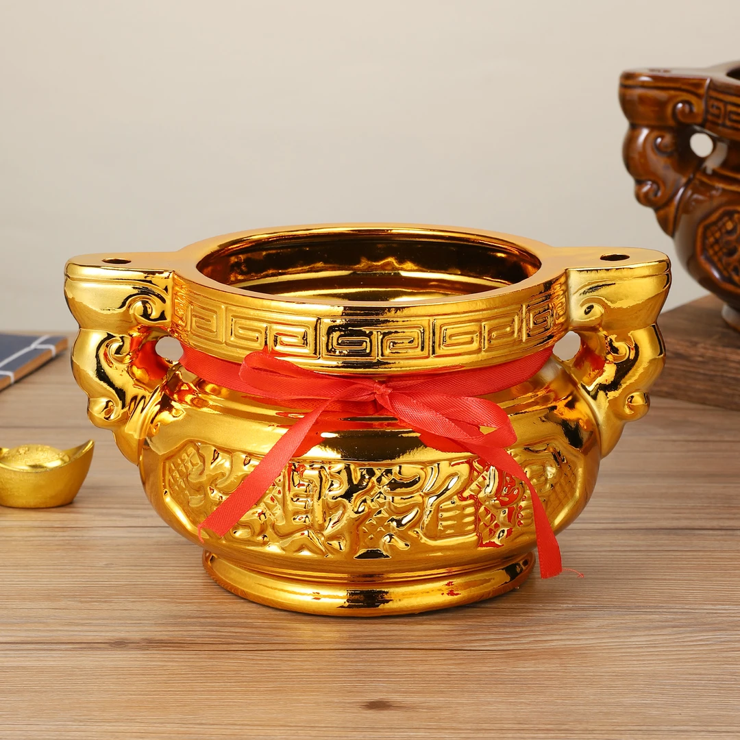 加厚陶瓷香炉家用插香双耳香炉室内供奉金色平底财神爷关公烧香炉