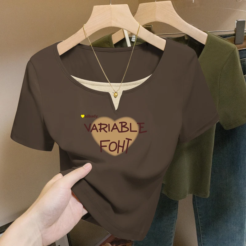 爆款正肩圆领短袖t恤夏季胖mm大码女装修身不规则小众半袖上衣服